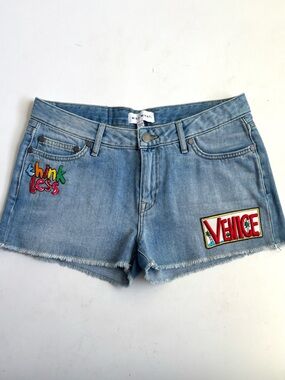 Mira Mikati Denim Jean Shorts Embroidered Think less and Venice Patchwork Size 6